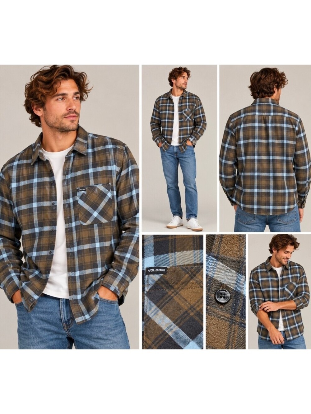 Volcom Caden Plaid Flannel Shirt Men’s XXL Modern Fit Brown Blue Long Sleeve